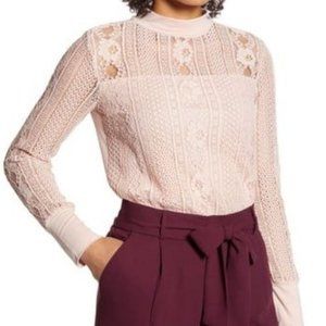 Halogen Pink Smoke Floral Lace Mock Neck Top